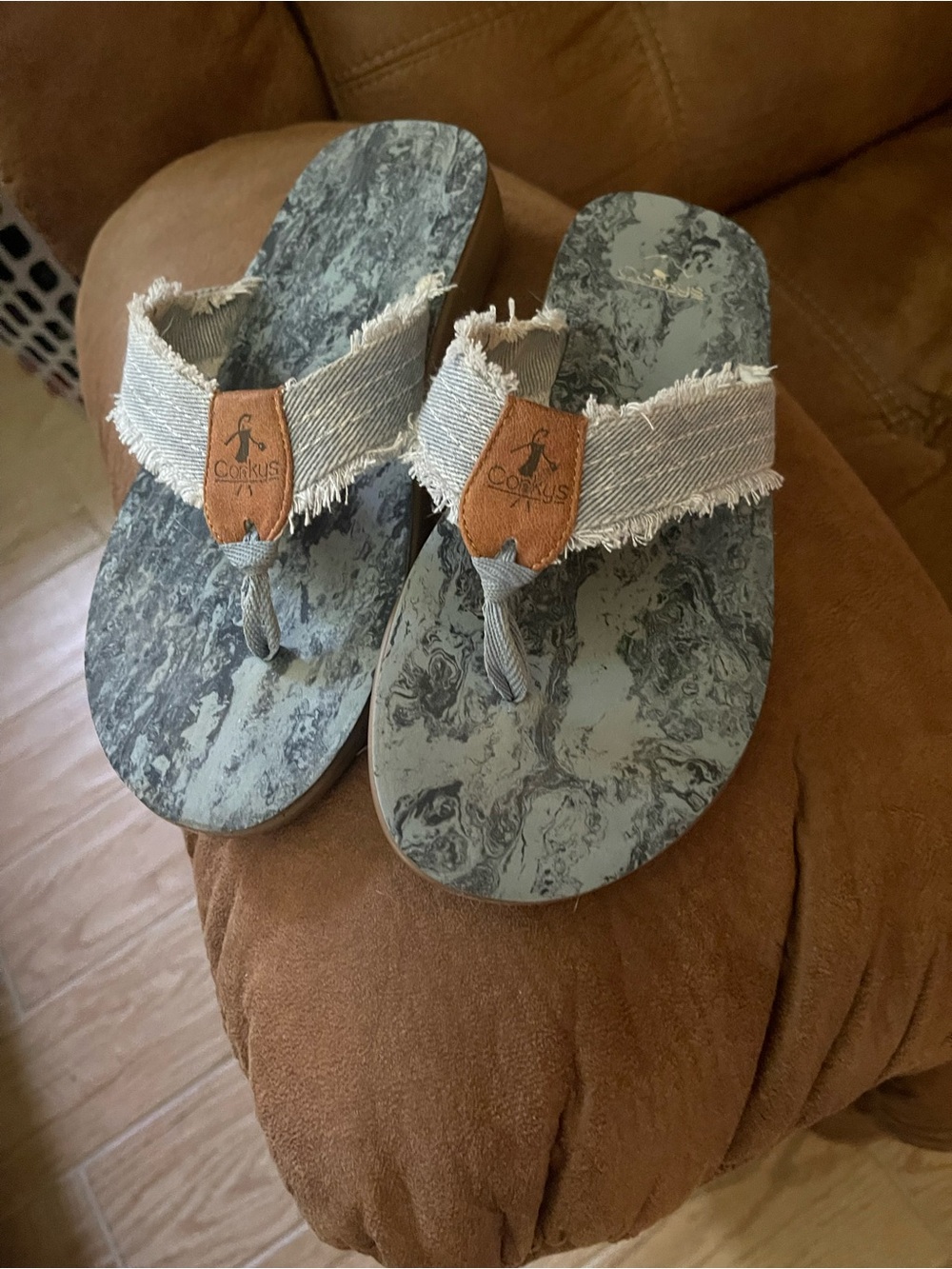 Corkys Gray Marbled Footbed Denim-Trim Flip Flops